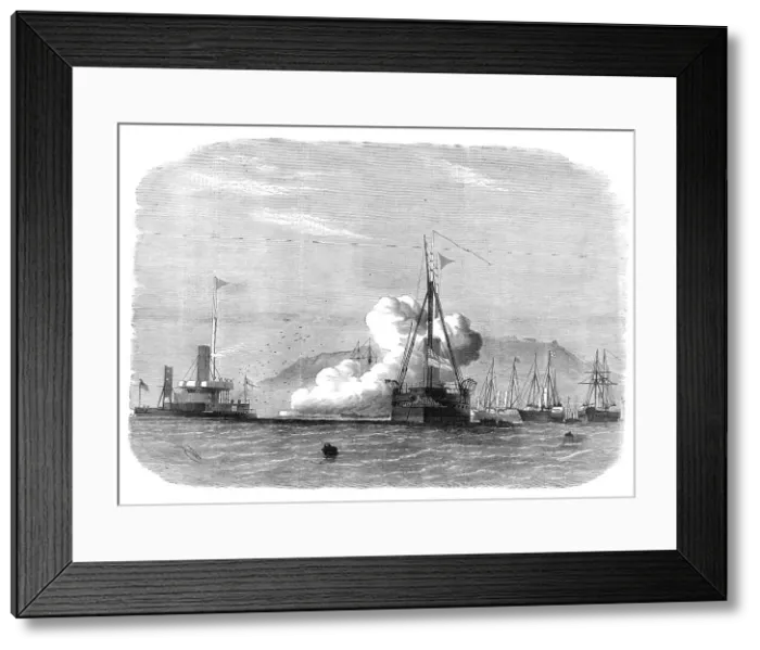 Framed Print : Firing trials against H.M.S. Glatton in Portland Roads, 1872. Creator: Unknown