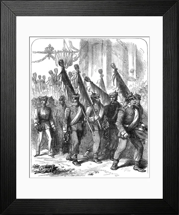 Framed Print : The Military Triumph at Berlin: captured French eagles passing under the Brandenburg Gate, 1871. Creator: Unknown Framed Print : The Military Triumph at Berlin: captured French eagles passing under the Brandenburg Gate, 1871. Creator: Unknown