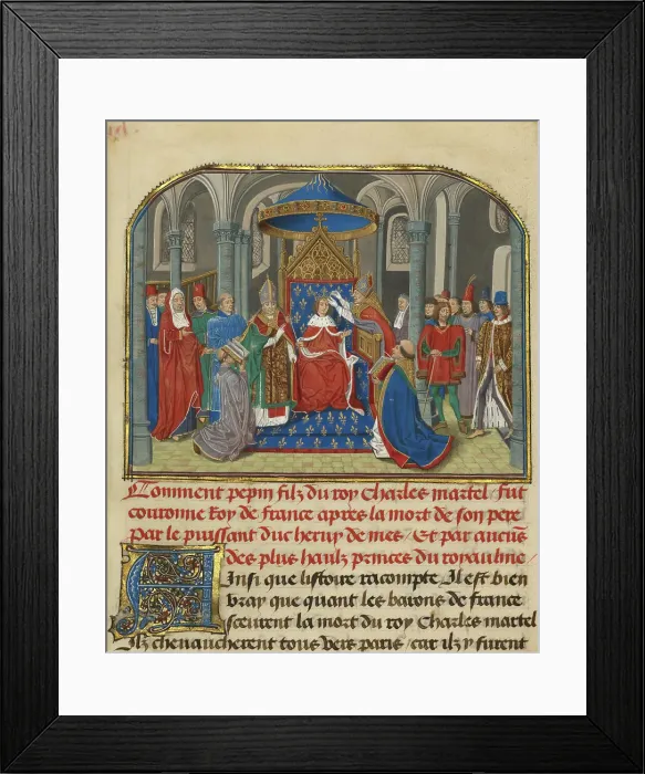 Framed Print : The Coronation of Pepin, written 1463-1465; illuminated 1467-1472. Creators: Loyset Liedet, Pol Fruit Framed Print : The Coronation of Pepin, written 1463-1465; illuminated 1467-1472. Creators: Loyset Liedet, Pol Fruit