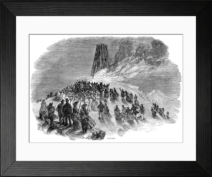 Framed Print : The lighting of the Malvern Monster Beacon, 1856. Creator: Edmund Evans Framed Print : The lighting of the Malvern Monster Beacon, 1856. Creator: Edmund Evans
