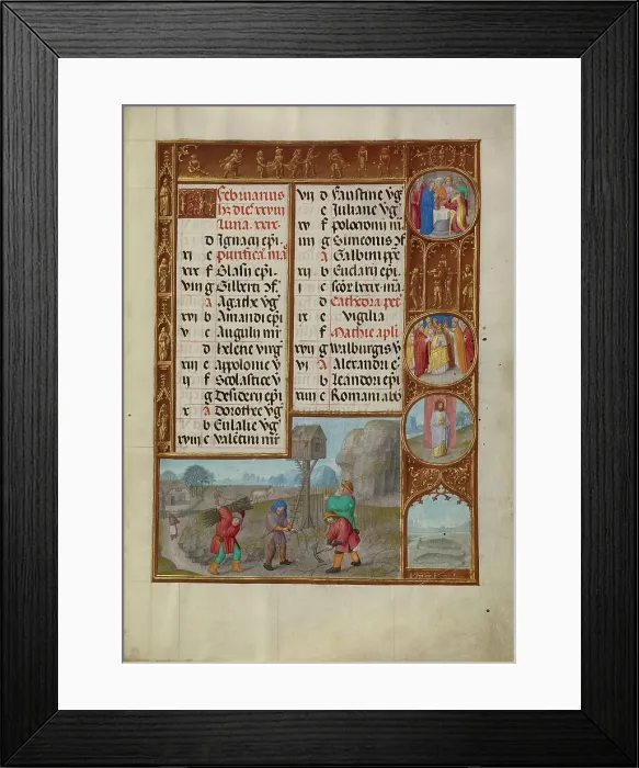 Framed Print : February Calendar Page: Working in a Vineyard: Pisces; Spinola Hours, about 1510-1520. Creator: Workshop of the Master of James IV of Scotland Framed Print : February Calendar Page: Working in a Vineyard: Pisces; Spinola Hours, about 1510-1520. Creator: Workshop of the Master of James IV of Scotland