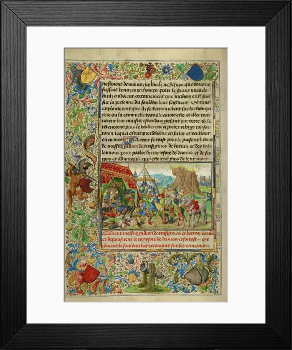 Framed Print : Gillion Slaying King Ysore and Freeing the Sultan, 1464. Creators: Lieven van Lathem, David Aubert Framed Print : Gillion Slaying King Ysore and Freeing the Sultan, 1464. Creators: Lieven van Lathem, David Aubert