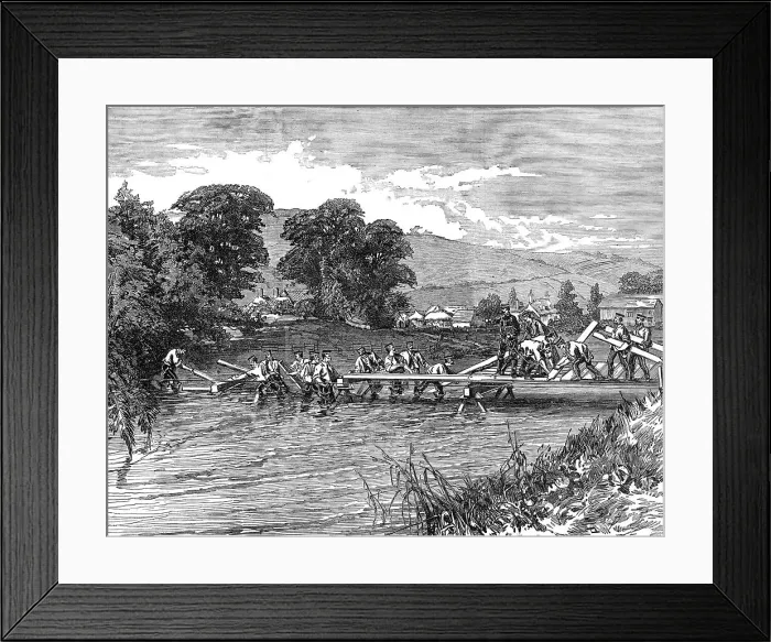 Framed Print : The Autumn Campaign: laying a trestle bridge over the River Stour, Durweston, near Blandford, 1872. Creator: Unknown