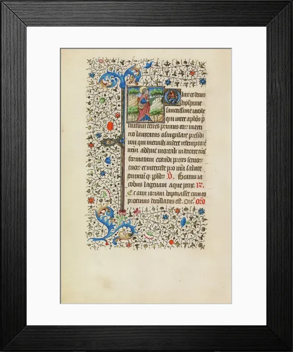 Framed Print : Saint James as a Pilgrim with a Purse and a Staff; Book of Hours, about 1440-1450. Creator: Workshop of the Bedford Master Framed Print : Saint James as a Pilgrim with a Purse and a Staff; Book of Hours, about 1440-1450. Creator: Workshop of the Bedford Master