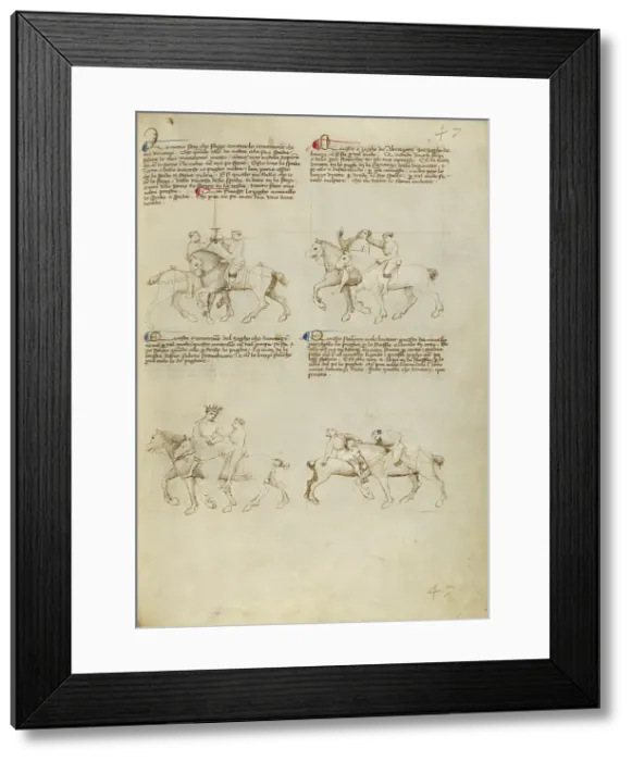 Framed Print : Equestrian Combat with Sword and Unarmed Equestrian Combat, about 1410. Creator: Unknown