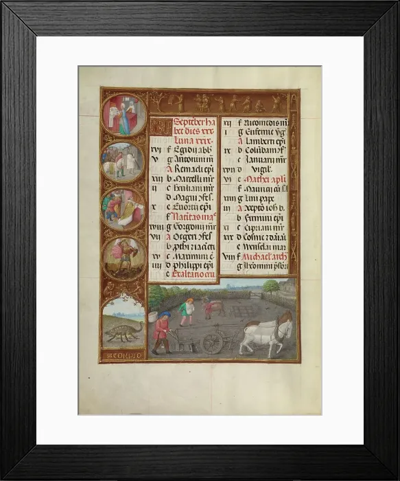 Framed Print : September Calendar Page: Plowing and Sowing: Scorpio; Spinola Hours, about 1510-1520. Creator: Workshop of the Master of James IV of Scotland Framed Print : September Calendar Page: Plowing and Sowing: Scorpio; Spinola Hours, about 1510-1520. Creator: Workshop of the Master of James IV of Scotland