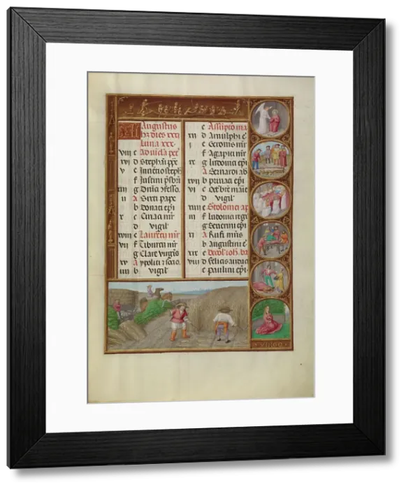 Framed Print : August Calendar Page: Reaping: Virgo; Spinola Hours, about 1510-1520. Creator: Workshop of the Master of James IV of Scotland Framed Print : August Calendar Page: Reaping: Virgo; Spinola Hours, about 1510-1520. Creator: Workshop of the Master of James IV of Scotland