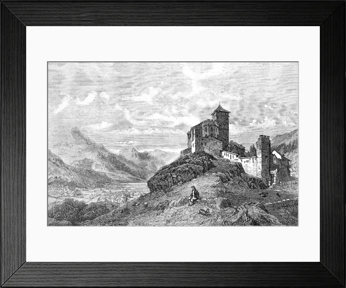 Framed Print : Castle and Church of St. Valerie, Sion, Canton Valais - painted by G. C. Stanfield... 1856. Creator: Unknown Framed Print : Castle and Church of St. Valerie, Sion, Canton Valais - painted by G. C. Stanfield... 1856. Creator: Unknown