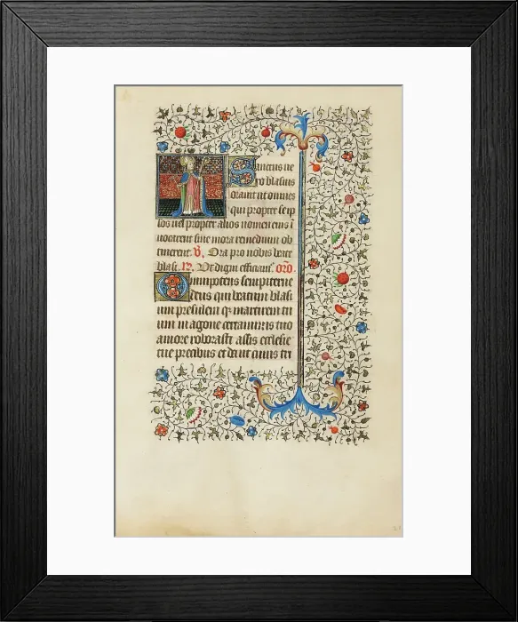 Framed Print : Saint Blasius with a Crosier and a Carding Comb; Book of Hours, about 1440-1450. Creator: Workshop of the Bedford Master Framed Print : Saint Blasius with a Crosier and a Carding Comb; Book of Hours, about 1440-1450. Creator: Workshop of the Bedford Master