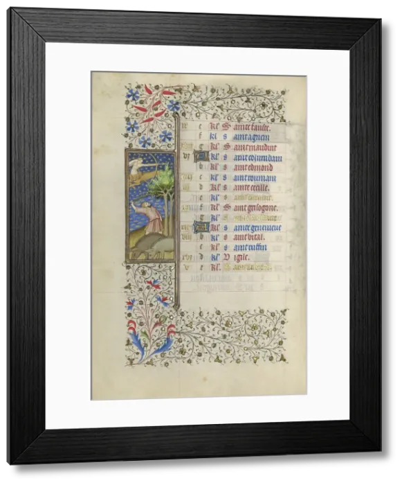 Framed Print : A Man Knocking Acorns from a Tree; Book of Hours, about 1415-1420. Creator: Workshop of the Master of the Rohan Hours Framed Print : A Man Knocking Acorns from a Tree; Book of Hours, about 1415-1420. Creator: Workshop of the Master of the Rohan Hours
