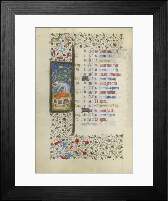 Framed Print : A Man Harvesting Grapes and Another Man Pressing Grapes; Book of Hours, about 1415-1420. Creator: Workshop of the Master of the Rohan Hours Framed Print : A Man Harvesting Grapes and Another Man Pressing Grapes; Book of Hours, about 1415-1420. Creator: Workshop of the Master of the Rohan Hours