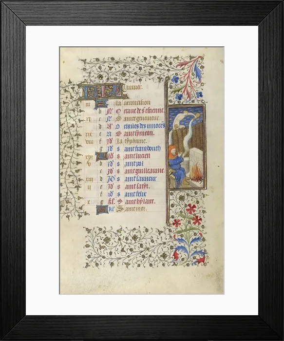 Framed Print : A Man Warming Himself by a Fire; January: Aquarius; Book of Hours; about 1415-1420. Creator: Workshop of the Master of the Rohan Hours Framed Print : A Man Warming Himself by a Fire; January: Aquarius; Book of Hours; about 1415-1420. Creator: Workshop of the Master of the Rohan Hours