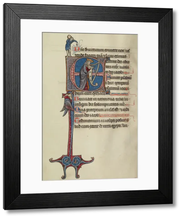 Framed Print : Initial E: David Playing the Harp and a Man Heaving a Rock, text and illumination about 1285. Creator: Bute Master Framed Print : Initial E: David Playing the Harp and a Man Heaving a Rock, text and illumination about 1285. Creator: Bute Master
