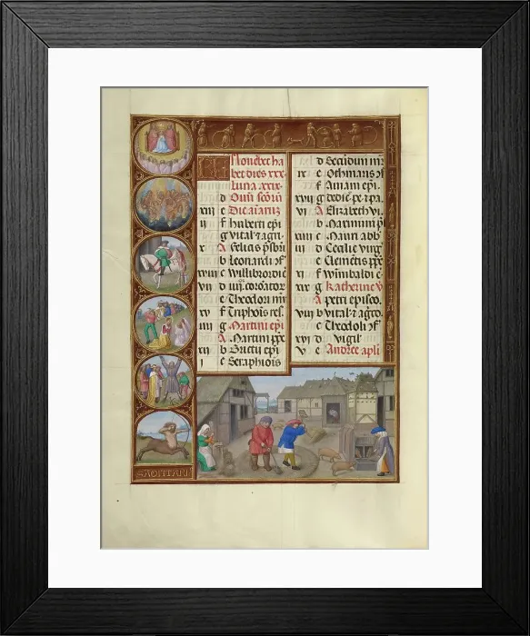Framed Print : November Calendar Page: Threshing and Pig Feeding: Sagittarius; Spinola Hours, about 1510-1520. Creator: Workshop of the Master of James IV of Scotland Framed Print : November Calendar Page: Threshing and Pig Feeding: Sagittarius; Spinola Hours, about 1510-1520. Creator: Workshop of the Master of James IV of Scotland