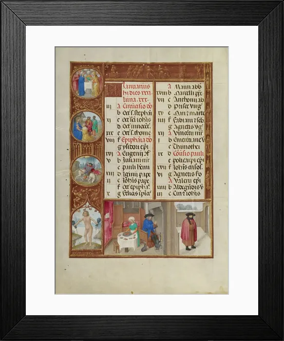 Framed Print : January Calendar Page: Feasting and Warming: Aquarius; Spinola Hours, about 1510-1520. Creator: Workshop of Master of the First Prayer Book of Maximilian Framed Print : January Calendar Page: Feasting and Warming: Aquarius; Spinola Hours, about 1510-1520. Creator: Workshop of Master of the First Prayer Book of Maximilian