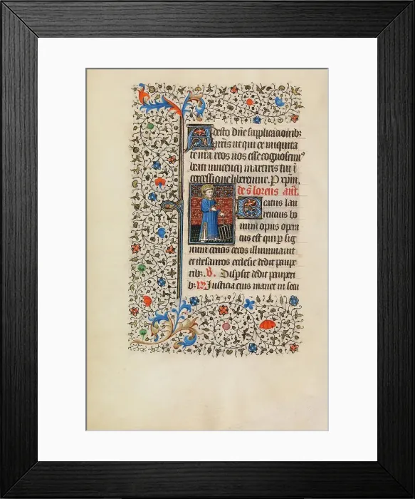 Framed Print : Saint Lawrence with a Gridiron; Book of Hours, about 1440-1450. Creator: Workshop of the Bedford Master Framed Print : Saint Lawrence with a Gridiron; Book of Hours, about 1440-1450. Creator: Workshop of the Bedford Master