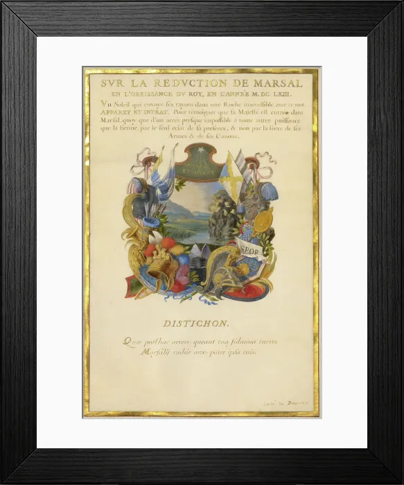 Framed Print : Escutcheon with a Landscape; Nine Emblems for Louis XIV, about 1663-1668. Creator: Jacques Bailly Framed Print : Escutcheon with a Landscape; Nine Emblems for Louis XIV, about 1663-1668. Creator: Jacques Bailly