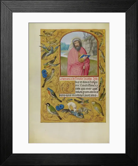 Framed Print : Saint James as a Pilgrim; Spinola Hours, about 1510-1520. Creator: Workshop of Master of the First Prayer Book of Maximilian Framed Print : Saint James as a Pilgrim; Spinola Hours, about 1510-1520. Creator: Workshop of Master of the First Prayer Book of Maximilian