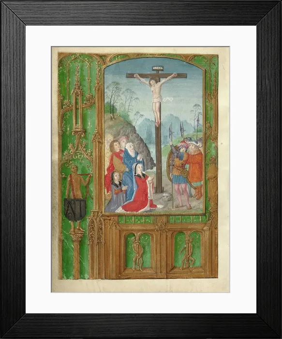 Framed Print : The Crucifixion with a Kneeling Woman; Book of Hours, about 1500. Creator: Workshop of Gerard Horenbout Framed Print : The Crucifixion with a Kneeling Woman; Book of Hours, about 1500. Creator: Workshop of Gerard Horenbout