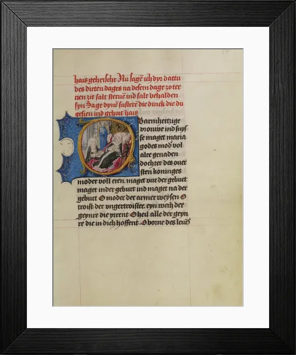 Framed Print : Initial O: A Woman on her Deathbed with the Virgin and Child and Devils; Book of Hours, about 1500. Creator: Workshop of Gerard Horenbout Framed Print : Initial O: A Woman on her Deathbed with the Virgin and Child and Devils; Book of Hours, about 1500. Creator: Workshop of Gerard Horenbout