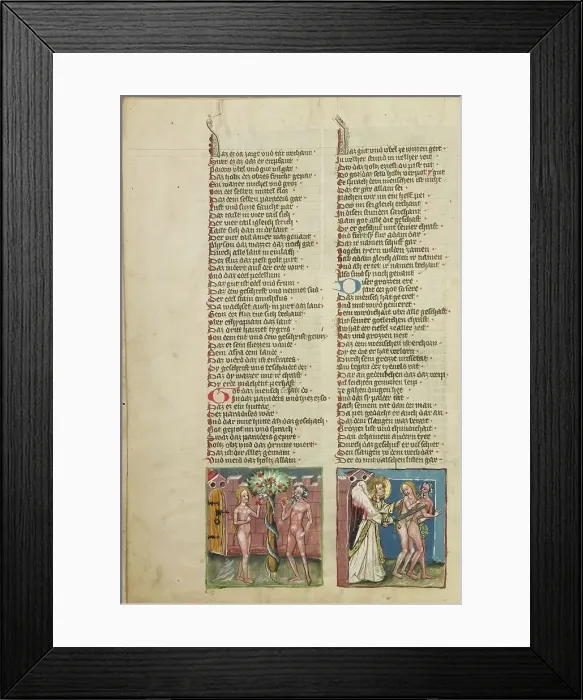 Framed Print : Adam and Eve Eating the Forbidden Fruit: The Expulsion from Paradise; Weltchronik, about 1400-1410. Creator: Unknown