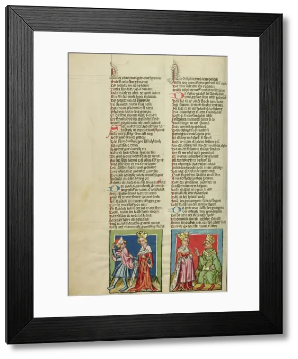 Framed Print : Joseph and Potiphar's Wife: Potiphar's Wife Accusing Joseph; Weltchronik, about 1400-1410. Creator: Unknown