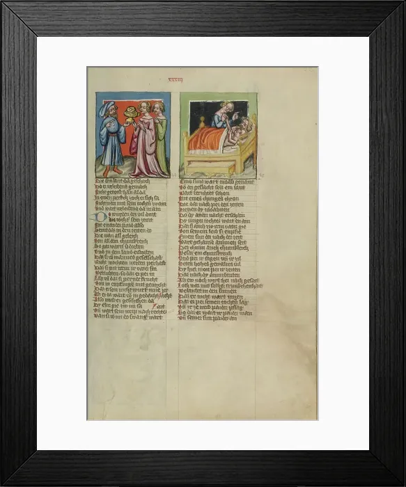 Framed Print : Lot Made Drunk by his Two Daughters: Lot's Incest; Weltchronik, about 1400-1410. Creator: Unknown Framed Print : Lot Made Drunk by his Two Daughters: Lot's Incest; Weltchronik, about 1400-1410. Creator: Unknown