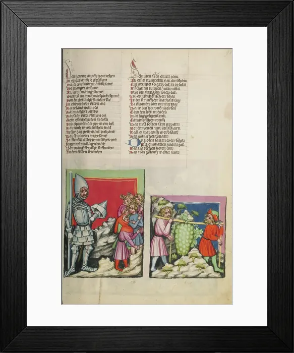 Framed Print : The Anakitic Giant before the Israelites: The Spies with the Grapes; Weltchronik, about 1400-1410. Creator: Unknown Framed Print : The Anakitic Giant before the Israelites: The Spies with the Grapes; Weltchronik, about 1400-1410. Creator: Unknown