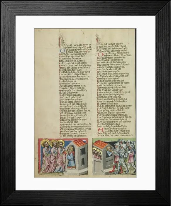 Framed Print : Abraham and the Three Angels: The Sodomites Beating on Lot's House; Weltchronik, about 1400-1410. Creator: Unknown Framed Print : Abraham and the Three Angels: The Sodomites Beating on Lot's House; Weltchronik, about 1400-1410. Creator: Unknown