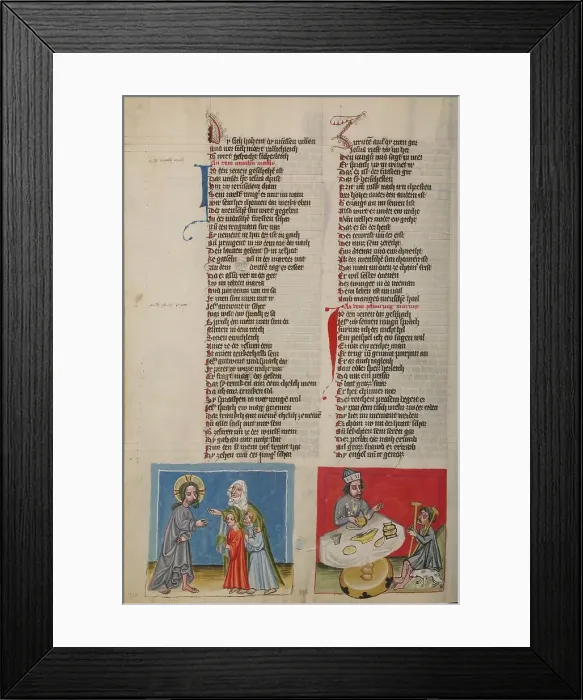 Framed Print : Zebedee's Wife with her Sons before Jesus: Dives and Lazarus; Weltchronik, about 1400-1410. Creator: Unknown Framed Print : Zebedee's Wife with her Sons before Jesus: Dives and Lazarus; Weltchronik, about 1400-1410. Creator: Unknown