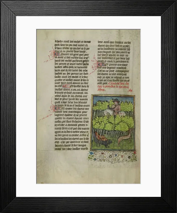 Framed Print : A Hunter and Dogs Pursuing a Roe Deer; Livre de la Chasse, about 1430-1440. Creator: Unknown Framed Print : A Hunter and Dogs Pursuing a Roe Deer; Livre de la Chasse, about 1430-1440. Creator: Unknown