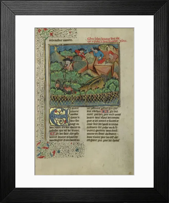 Framed Print : Hunters and Dogs Pursuing a Wild Goat; Livre de la Chasse; A Boar Hunt, about 1430-1440. Creator: Unknown Framed Print : Hunters and Dogs Pursuing a Wild Goat; Livre de la Chasse; A Boar Hunt, about 1430-1440. Creator: Unknown