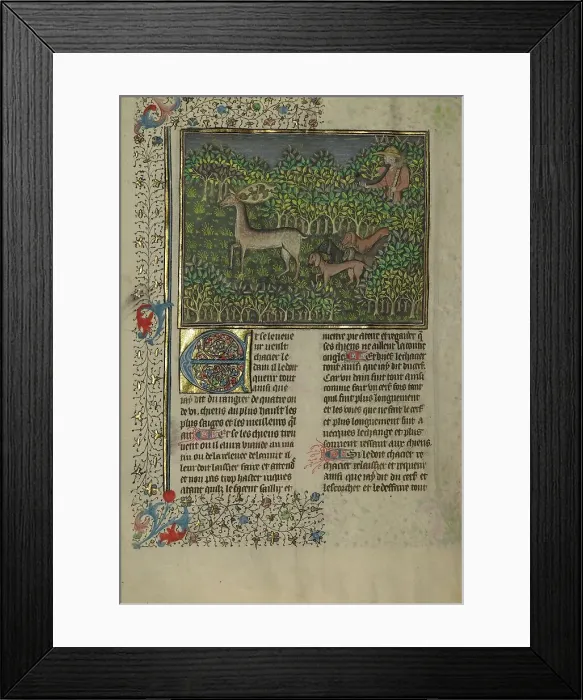 Framed Print : A Hunter and Dogs Pursuing a Fallow Deer; Livre de la Chasse; A Deer Hunt, about 1430-1440. Creator: Unknown Framed Print : A Hunter and Dogs Pursuing a Fallow Deer; Livre de la Chasse; A Deer Hunt, about 1430-1440. Creator: Unknown