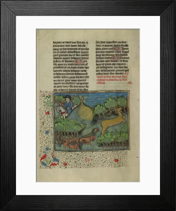 Framed Print : A Hunter and Dogs Pursuing a Stag; Livre de la Chasse, about 1430-1440. Creator: Unknown Framed Print : A Hunter and Dogs Pursuing a Stag; Livre de la Chasse, about 1430-1440. Creator: Unknown