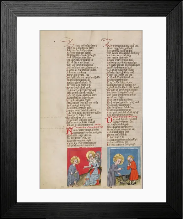Framed Print : Jesus before Mary and Joseph: Jesus and a Child with a Broken Jug; Weltchronik, about 1400-1410. Creator: Unknown Framed Print : Jesus before Mary and Joseph: Jesus and a Child with a Broken Jug; Weltchronik, about 1400-1410. Creator: Unknown