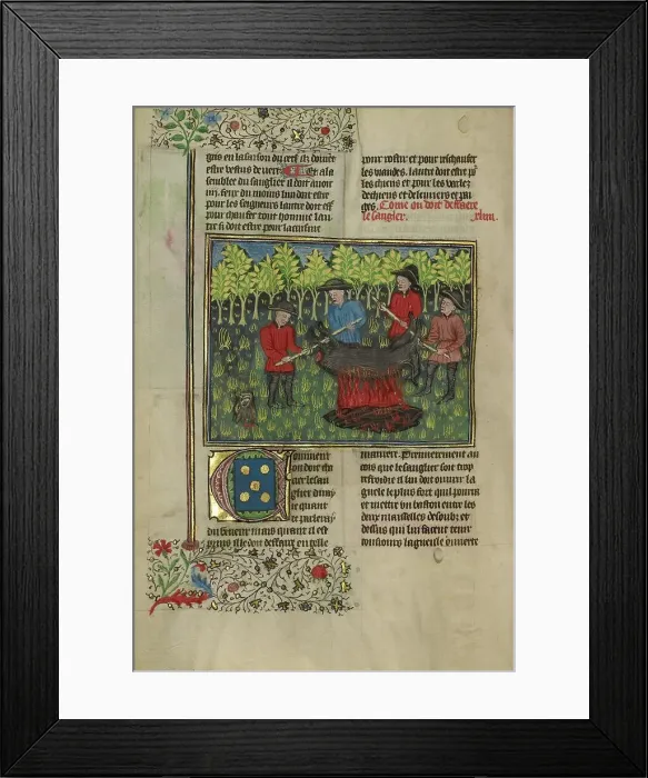 Framed Print : Hunters Dismembering a Boar's Carcass; Hunters Roasting a Dismembered Boar's... about 1430-1440. Creator: Unknown