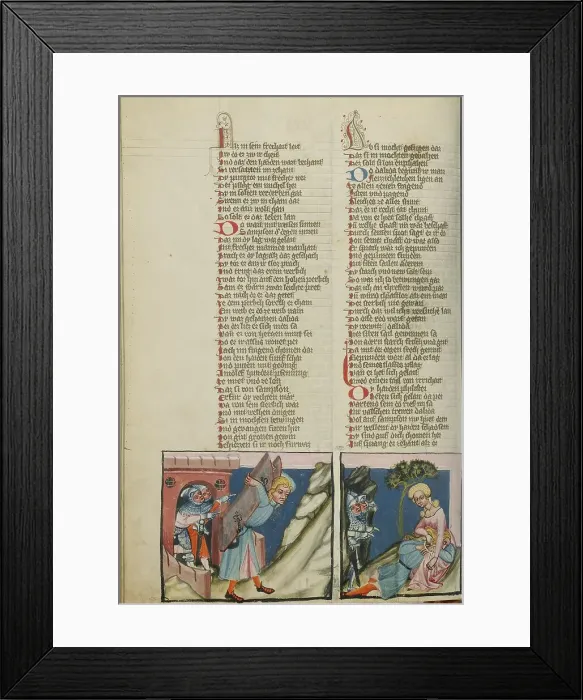 Framed Print : Samson Carrying Off the City Gate of Gaza: Delilah Tying Up Samson; Weltchronik, about 1400-1410. Creator: Unknown Framed Print : Samson Carrying Off the City Gate of Gaza: Delilah Tying Up Samson; Weltchronik, about 1400-1410. Creator: Unknown