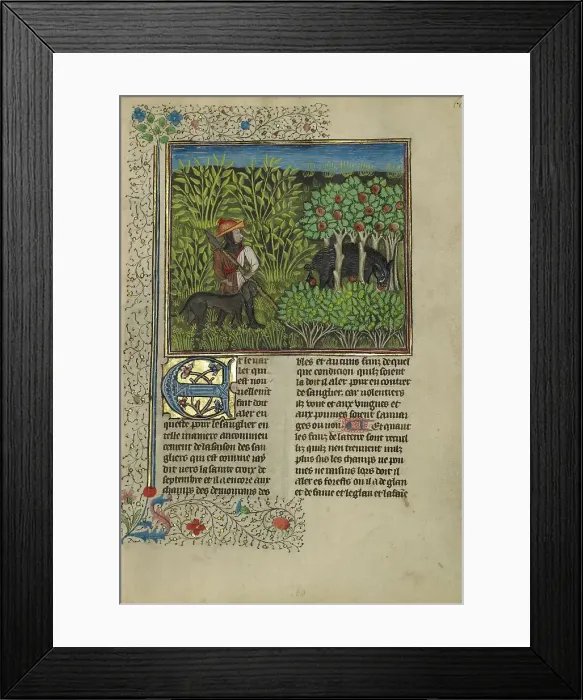 Framed Print : A Hunter and a Dog Tracking a Wild Boar; Livre de la Chasse, about 1430-1440. Creator: Unknown Framed Print : A Hunter and a Dog Tracking a Wild Boar; Livre de la Chasse, about 1430-1440. Creator: Unknown