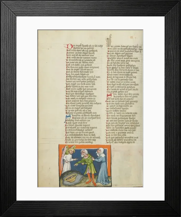 Framed Print : Manoah and His Wife Offering a Meal to the Angel; Weltchronik, about 1400-1410. Creator: Unknown Framed Print : Manoah and His Wife Offering a Meal to the Angel; Weltchronik, about 1400-1410. Creator: Unknown