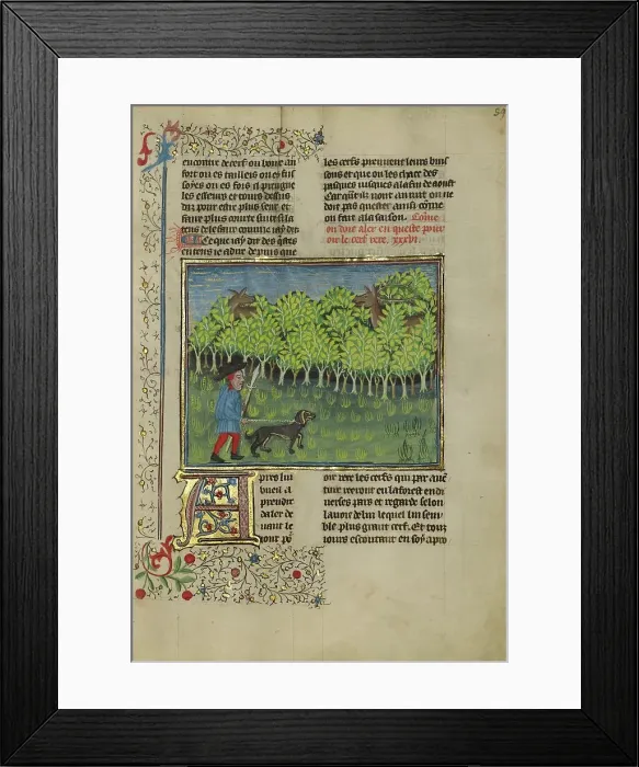 Framed Print : A Hunter and a Dog Spying on a Doe and a Troating Stag; Livre de la Chasse, about 1430-1440. Creator: Unknown Framed Print : A Hunter and a Dog Spying on a Doe and a Troating Stag; Livre de la Chasse, about 1430-1440. Creator: Unknown