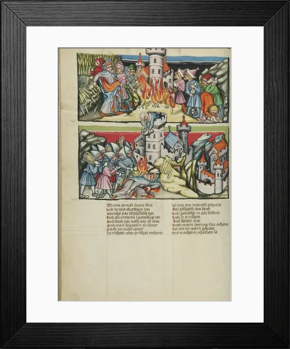 Framed Print : Abimelech Destroying Shechem: Abimelech Killed by the Woman of Thebes; Weltchronik, about 1400-1410. Creator: Unknown Framed Print : Abimelech Destroying Shechem: Abimelech Killed by the Woman of Thebes; Weltchronik, about 1400-1410. Creator: Unknown