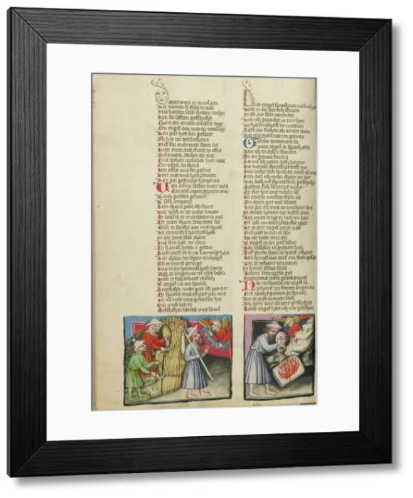 Framed Print : An Angel Appearing to Gideon: Gideon's Sacrifice; Weltchronik, about 1400-1410. Creator: Unknown Framed Print : An Angel Appearing to Gideon: Gideon's Sacrifice; Weltchronik, about 1400-1410. Creator: Unknown