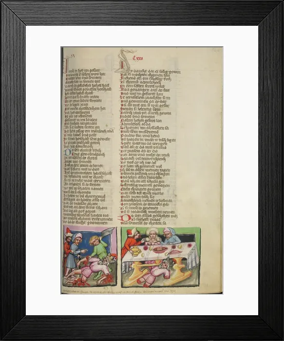 Framed Print : Adonibesek's Limbs are Cut Off: Adonibesek Laying under the Table of Simeon and Judah, about 1400-10. Creator: Unknown Framed Print : Adonibesek's Limbs are Cut Off: Adonibesek Laying under the Table of Simeon and Judah, about 1400-10. Creator: Unknown