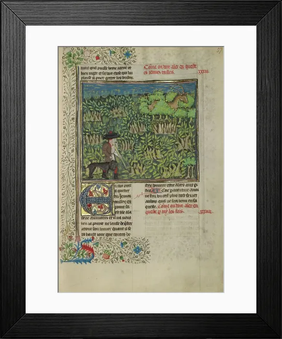 Framed Print : A Hunter and a Dog Tracking in a Copse; Livre de la Chasse, about 1430-1440. Creator: Unknown Framed Print : A Hunter and a Dog Tracking in a Copse; Livre de la Chasse, about 1430-1440. Creator: Unknown