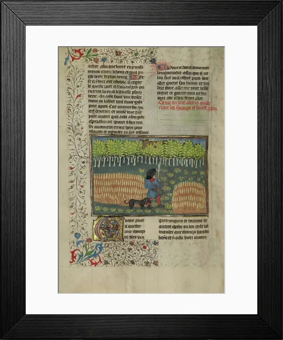 Framed Print : A Hunter and a Dog Tracking between a Field and a Forest; Livre de la Chasse, about 1430-1440. Creator: Unknown Framed Print : A Hunter and a Dog Tracking between a Field and a Forest; Livre de la Chasse, about 1430-1440. Creator: Unknown