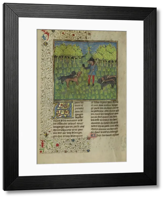 Framed Print : A Hunter Training Dogs to Respond to the Call of the Horn; Livre de la Chasse, about 1430-1440. Creator: Unknown Framed Print : A Hunter Training Dogs to Respond to the Call of the Horn; Livre de la Chasse, about 1430-1440. Creator: Unknown
