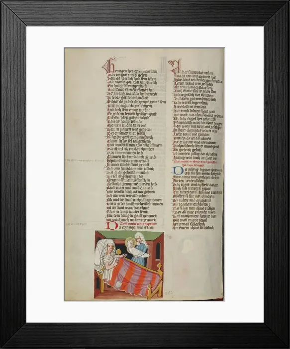 Framed Print : The Birth of the Virgin; The Nativity of the Virgin; Weltchronik, about 1400-1410. Creator: Unknown