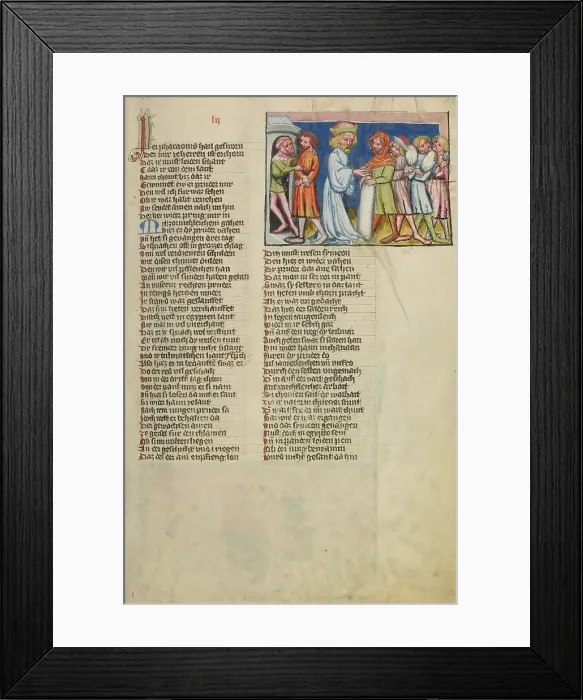 Framed Print : Simeon Taken Prisoner While Joseph's Other Brothers Return to Canaan; Weltchronik, about 1400-1410. Creator: Unknown Framed Print : Simeon Taken Prisoner While Joseph's Other Brothers Return to Canaan; Weltchronik, about 1400-1410. Creator: Unknown