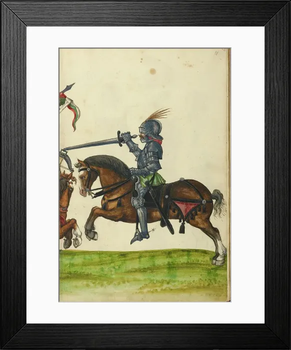 Framed Print : Three Horsemen in Armor from the Time of Emperor Sigismund; Tournament Book, about 1560-1570. Creator: Unknown Framed Print : Three Horsemen in Armor from the Time of Emperor Sigismund; Tournament Book, about 1560-1570. Creator: Unknown