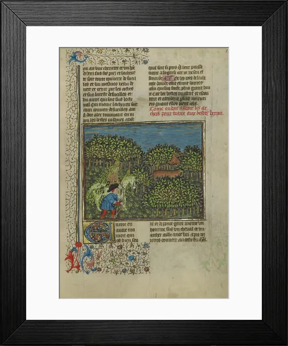 Framed Print : A Camouflaged Horseman and an Archer Approaching a Deer; Livre de la Chasse, about 1430-1440. Creator: Unknown Framed Print : A Camouflaged Horseman and an Archer Approaching a Deer; Livre de la Chasse, about 1430-1440. Creator: Unknown